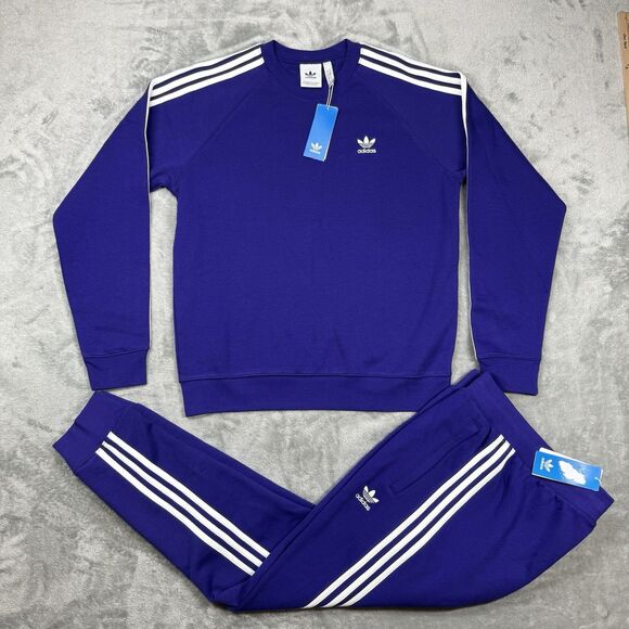 Adidas Sweat Suit Men’s Medium Purple Striped Trefoil Fleece Crewneck Jogger Set - Picture 1 of 11